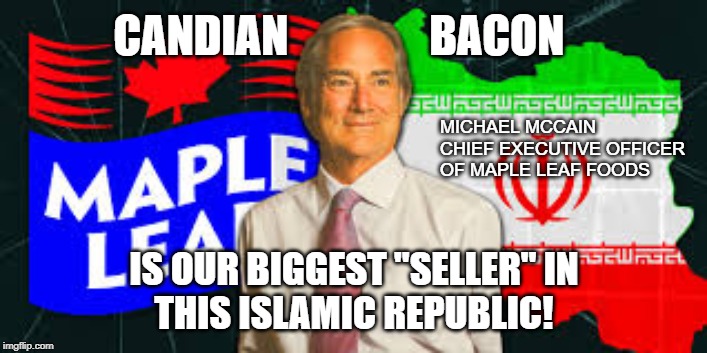 Michael McCain - Supports a country that shot down a Commercial Airliner with Canadian Citizens on-board. | CANDIAN                BACON IS OUR BIGGEST "SELLER" IN
THIS ISLAMIC REPUBLIC! MICHAEL MCCAIN
CHIEF EXECUTIVE OFFICER OF MAPLE LEAF FOODS | image tagged in michael mccain,asshole,maple leaf foods,iran,missle,canada | made w/ Imgflip meme maker