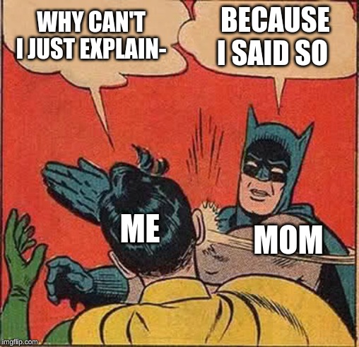 Why Do They Use This Term So Much? | WHY CAN'T I JUST EXPLAIN-; BECAUSE I SAID SO; ME; MOM | image tagged in memes,batman slapping robin | made w/ Imgflip meme maker