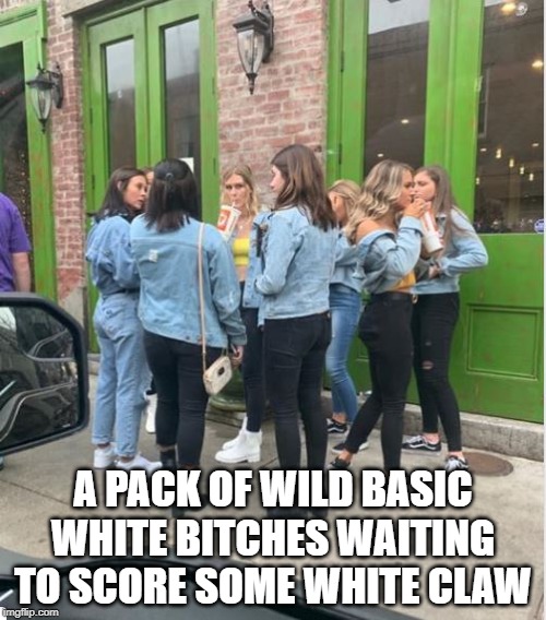 Looking for the Drink | A PACK OF WILD BASIC WHITE BITCHES WAITING TO SCORE SOME WHITE CLAW | image tagged in basic,white,girls | made w/ Imgflip meme maker