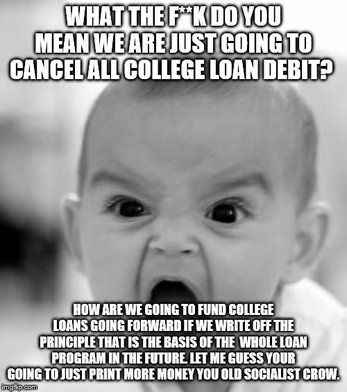 yep | WHAT THE F**K DO YOU MEAN WE ARE JUST GOING TO CANCEL ALL COLLEGE LOAN DEBIT? HOW ARE WE GOING TO FUND COLLEGE LOANS GOING FORWARD IF WE WRITE OFF THE PRINCIPLE THAT IS THE BASIS OF THE  WHOLE LOAN PROGRAM IN THE FUTURE. LET ME GUESS YOUR GOING TO JUST PRINT MORE MONEY YOU OLD SOCIALIST CROW. | image tagged in angry baby,student loans,elizabeth warren,bernie sanders,democrats,election 2020 | made w/ Imgflip meme maker