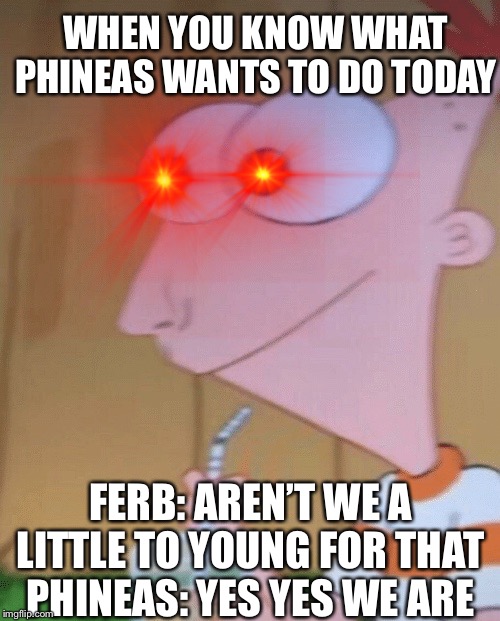 But that never stopped us | WHEN YOU KNOW WHAT PHINEAS WANTS TO DO TODAY; FERB: AREN’T WE A LITTLE TO YOUNG FOR THAT
PHINEAS: YES YES WE ARE | image tagged in eyes | made w/ Imgflip meme maker