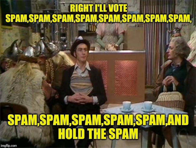 SPAM | RIGHT I'LL VOTE SPAM,SPAM,SPAM,SPAM,SPAM,SPAM,SPAM,SPAM, SPAM,SPAM,SPAM,SPAM,SPAM,AND HOLD THE SPAM | image tagged in spam | made w/ Imgflip meme maker
