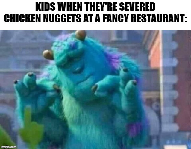 Sully shutdown | KIDS WHEN THEY'RE SEVERED CHICKEN NUGGETS AT A FANCY RESTAURANT: | image tagged in sully shutdown | made w/ Imgflip meme maker