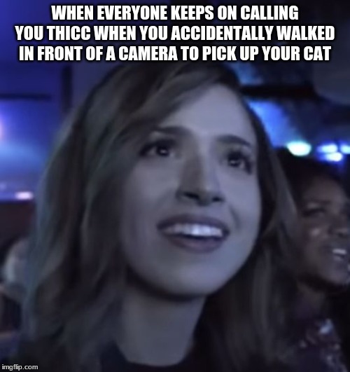 Pokimane confused | WHEN EVERYONE KEEPS ON CALLING YOU THICC WHEN YOU ACCIDENTALLY WALKED IN FRONT OF A CAMERA TO PICK UP YOUR CAT | image tagged in pokimane confused | made w/ Imgflip meme maker