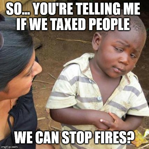 Third World Skeptical Kid Meme | SO... YOU'RE TELLING ME 
IF WE TAXED PEOPLE WE CAN STOP FIRES? | image tagged in memes,third world skeptical kid | made w/ Imgflip meme maker