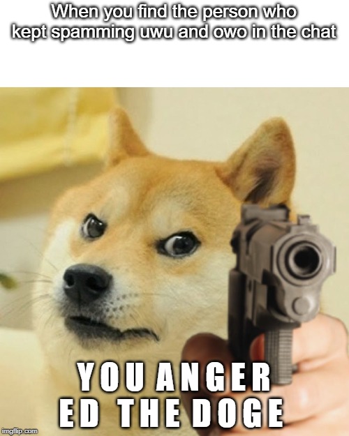 Doge holding a gun | When you find the person who kept spamming uwu and owo in the chat; Y O U  A N G E R E D   T H E  D O G E | image tagged in doge holding a gun | made w/ Imgflip meme maker