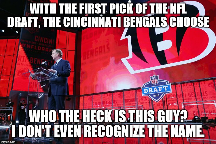 How will my Bengals screw this one up? Draft a kicker? An unknown "diamond in the rough"? | WITH THE FIRST PICK OF THE NFL DRAFT, THE CINCINNATI BENGALS CHOOSE; WHO THE HECK IS THIS GUY? I DON'T EVEN RECOGNIZE THE NAME. | image tagged in draft,nfl,funny memes,bengals,football | made w/ Imgflip meme maker