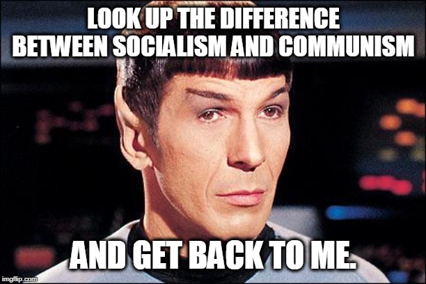 Condescending Spock | LOOK UP THE DIFFERENCE BETWEEN SOCIALISM AND COMMUNISM AND GET BACK TO ME. | image tagged in condescending spock | made w/ Imgflip meme maker