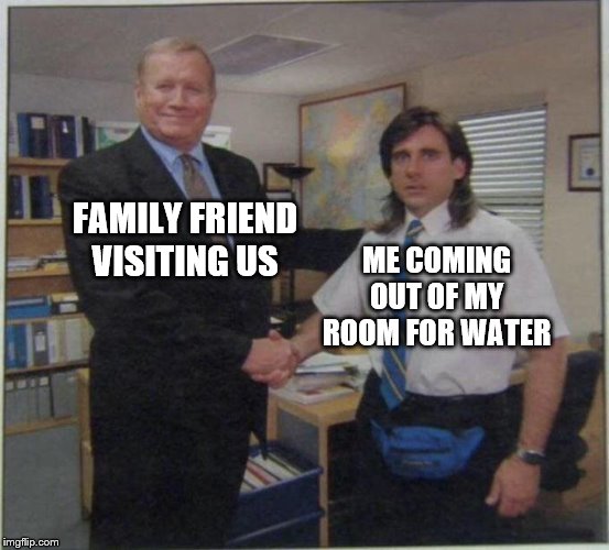the office handshake | ME COMING OUT OF MY ROOM FOR WATER; FAMILY FRIEND VISITING US | image tagged in the office handshake | made w/ Imgflip meme maker