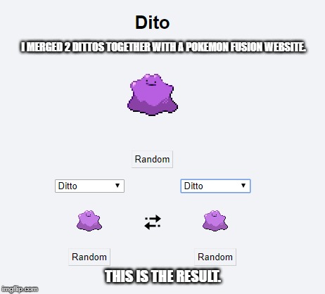 Merging 2 Dittos together. | I MERGED 2 DITTOS TOGETHER WITH A POKEMON FUSION WEBSITE. THIS IS THE RESULT. | image tagged in ditto | made w/ Imgflip meme maker