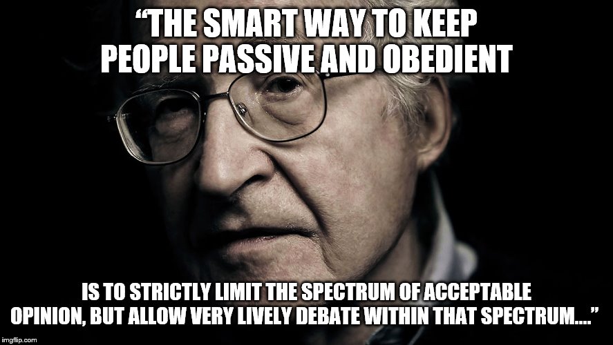 Noam Chomsky | “THE SMART WAY TO KEEP PEOPLE PASSIVE AND OBEDIENT IS TO STRICTLY LIMIT THE SPECTRUM OF ACCEPTABLE OPINION, BUT ALLOW VERY LIVELY DEBATE WIT | image tagged in noam chomsky | made w/ Imgflip meme maker