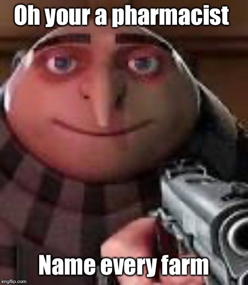 Gru with Gun | Oh your a pharmacist; Name every farm | image tagged in gru with gun | made w/ Imgflip meme maker