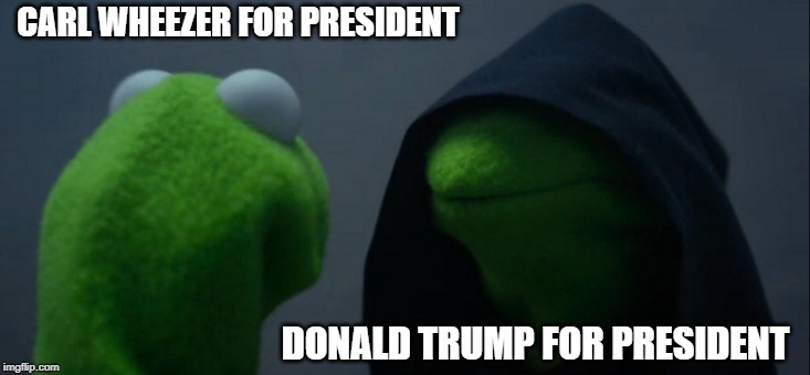 Evil Kermit | CARL WHEEZER FOR PRESIDENT; DONALD TRUMP FOR PRESIDENT | image tagged in memes,evil kermit | made w/ Imgflip meme maker