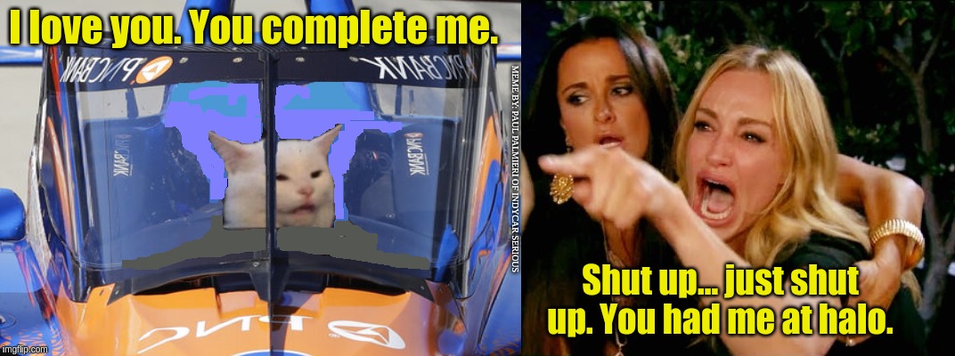 IndyCar Aeroscreen, & Smudge the Cat. Cut scene from Jerry Maguire. |  MEME BY: PAUL PALMIERI OF INDYCAR SERIOUS | image tagged in smudge the cat,indycar series,indycar aeroscreen,jerry maguire,funny memes,woman yelling at cat | made w/ Imgflip meme maker