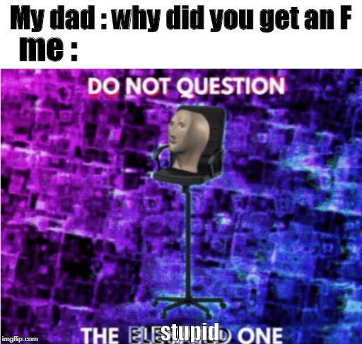 Do not question the elevated one | My dad : why did you get an F; me :; stupid | image tagged in do not question the elevated one | made w/ Imgflip meme maker