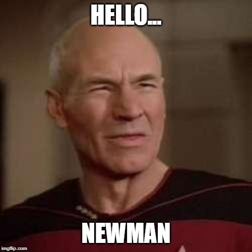 Hello Newman Picard | HELLO... NEWMAN | image tagged in squinty picard,hello newman | made w/ Imgflip meme maker
