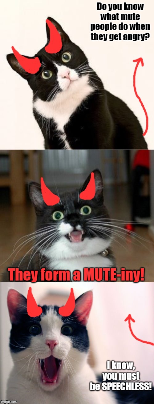 Bad Pun Ememeon | Do you know what mute people do when they get angry? They form a MUTE-iny! I know, you must be SPEECHLESS! | image tagged in bad pun ememeon | made w/ Imgflip meme maker