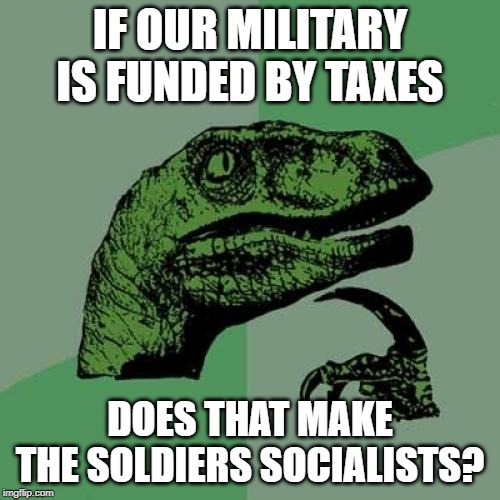 Philosoraptor | IF OUR MILITARY IS FUNDED BY TAXES; DOES THAT MAKE THE SOLDIERS SOCIALISTS? | image tagged in memes,philosoraptor | made w/ Imgflip meme maker