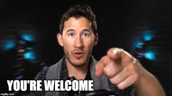 Markiplier pointing | YOU'RE WELCOME | image tagged in markiplier pointing | made w/ Imgflip meme maker