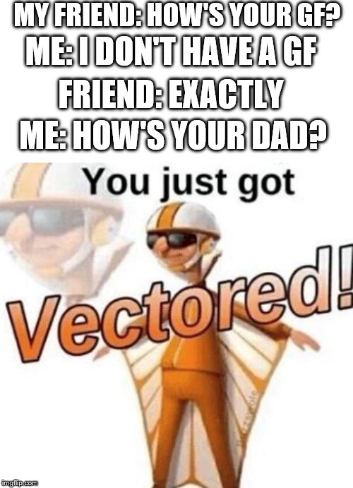 Get it? ;) | MY FRIEND: HOW'S YOUR GF? ME: I DON'T HAVE A GF; FRIEND: EXACTLY; ME: HOW'S YOUR DAD? | image tagged in you just got vectored | made w/ Imgflip meme maker