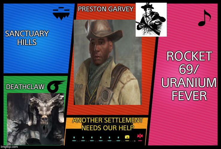 Smash Ultimate DLC fighter profile | SANCTUARY HILLS; PRESTON GARVEY; ROCKET 69/ URANIUM FEVER; DEATHCLAW; ANOTHER SETTLEMENT NEEDS OUR HELP | image tagged in smash ultimate dlc fighter profile | made w/ Imgflip meme maker