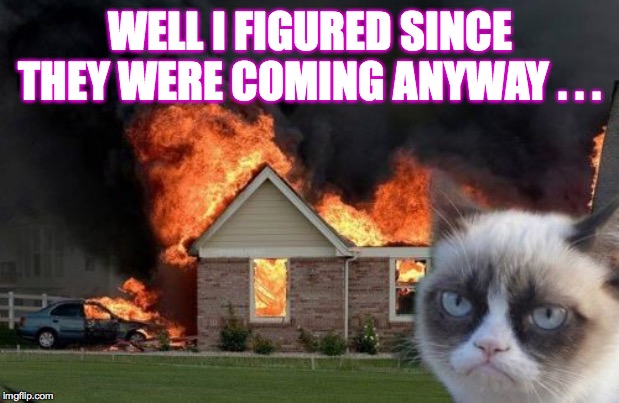 Burn Kitty Meme | WELL I FIGURED SINCE THEY WERE COMING ANYWAY . . . | image tagged in memes,burn kitty,grumpy cat | made w/ Imgflip meme maker