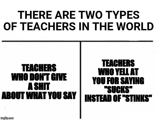 Who Would Win? Meme | THERE ARE TWO TYPES OF TEACHERS IN THE WORLD; TEACHERS WHO YELL AT YOU FOR SAYING "SUCKS" INSTEAD OF "STINKS"; TEACHERS WHO DON'T GIVE A SHIT ABOUT WHAT YOU SAY | image tagged in memes,who would win | made w/ Imgflip meme maker