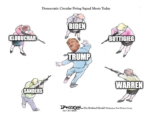 Circular Firing Squad | BIDEN; KLOBUCHAR; BUTTIGIEG; TRUMP; WARREN; SANDERS | image tagged in circular firing squad,democrats,presidential debate,donald trump | made w/ Imgflip meme maker