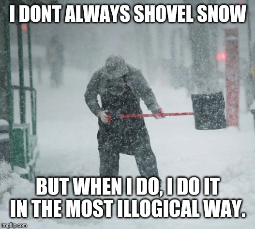 Snow Shoveling | I DONT ALWAYS SHOVEL SNOW; BUT WHEN I DO, I DO IT IN THE MOST ILLOGICAL WAY. | image tagged in snow shoveling | made w/ Imgflip meme maker