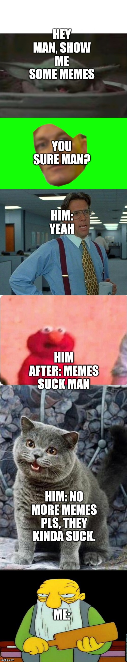 YOU SURE MAN? HEY MAN, SHOW ME SOME MEMES; HIM: YEAH; HIM AFTER: MEMES SUCK MAN; HIM: NO MORE MEMES PLS, THEY KINDA SUCK. ME: | image tagged in memes,that would be great,that's a paddlin',i can has cheezburger cat,are you sure about that cena,sickened elmo | made w/ Imgflip meme maker