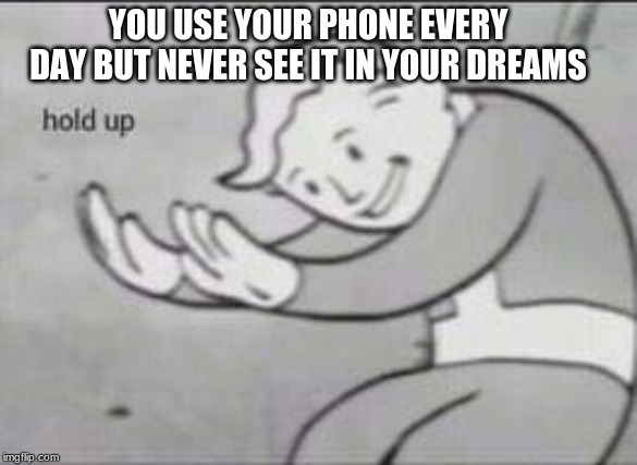 Fallout Hold Up | YOU USE YOUR PHONE EVERY DAY BUT NEVER SEE IT IN YOUR DREAMS | image tagged in fallout hold up | made w/ Imgflip meme maker