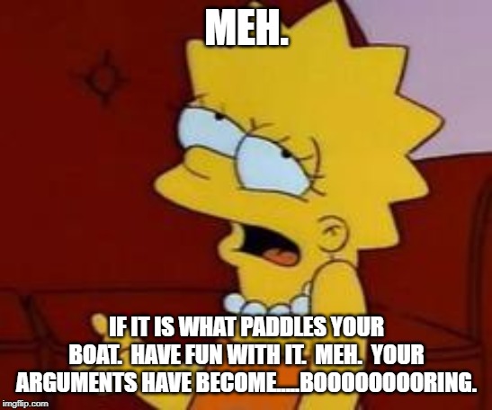 Meh | MEH. IF IT IS WHAT PADDLES YOUR BOAT.  HAVE FUN WITH IT.  MEH.  YOUR ARGUMENTS HAVE BECOME.....BOOOOOOOORING. | image tagged in meh | made w/ Imgflip meme maker