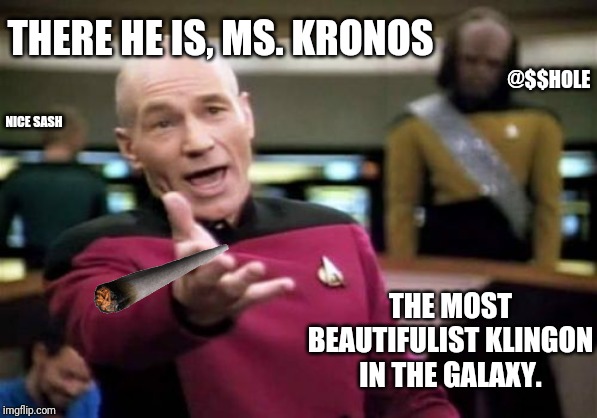 Picard Wtf Meme | THERE HE IS, MS. KRONOS; @$$HOLE; NICE SASH; THE MOST BEAUTIFULIST KLINGON IN THE GALAXY. | image tagged in memes,picard wtf | made w/ Imgflip meme maker