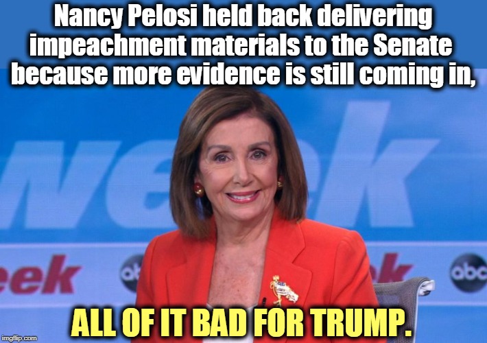 Nancy Pelosi knows how to do her job and how to obey the law. Trump does neither. | Nancy Pelosi held back delivering impeachment materials to the Senate 
because more evidence is still coming in, ALL OF IT BAD FOR TRUMP. | image tagged in nancy pelosi,smart,clever,impeachment,trump,doomed | made w/ Imgflip meme maker