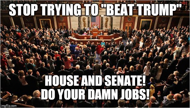 Congress | STOP TRYING TO "BEAT TRUMP"; HOUSE AND SENATE!
DO YOUR DAMN JOBS! | image tagged in congress | made w/ Imgflip meme maker