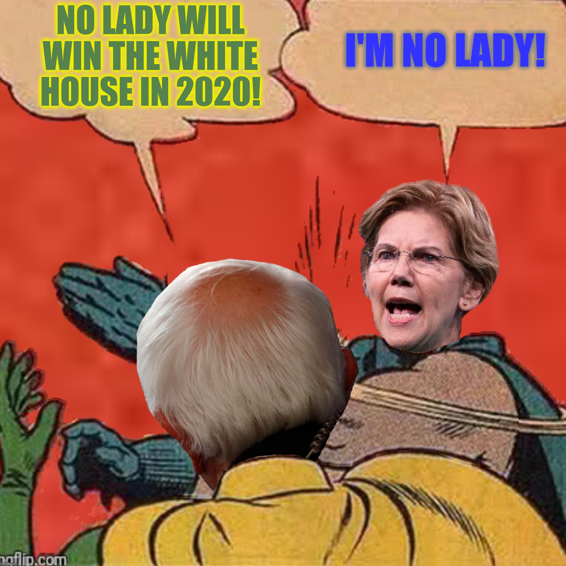 Man up! | NO LADY WILL WIN THE WHITE HOUSE IN 2020! I'M NO LADY! | image tagged in bernie sanders,elizabeth warren,batman slapping robin | made w/ Imgflip meme maker