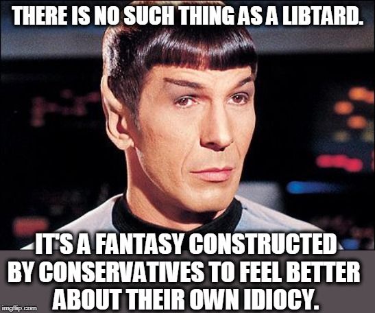 Condescending Spock | THERE IS NO SUCH THING AS A LIBTARD. IT'S A FANTASY CONSTRUCTED BY CONSERVATIVES TO FEEL BETTER 
ABOUT THEIR OWN IDIOCY. | image tagged in condescending spock | made w/ Imgflip meme maker