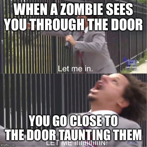 let me in | WHEN A ZOMBIE SEES YOU THROUGH THE DOOR; YOU GO CLOSE TO THE DOOR TAUNTING THEM | image tagged in let me in | made w/ Imgflip meme maker