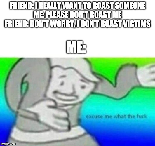 Fallout What thy f*ck | FRIEND: I REALLY WANT TO ROAST SOMEONE
ME: PLEASE DON'T ROAST ME
FRIEND: DON'T WORRY, I DON'T ROAST VICTIMS; ME: | image tagged in fallout what thy fck | made w/ Imgflip meme maker