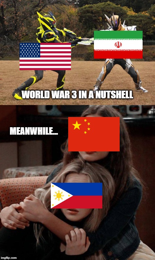 WORLD WAR 3 IN A NUTSHELL; MEANWHILE... | image tagged in corporate pissing match | made w/ Imgflip meme maker