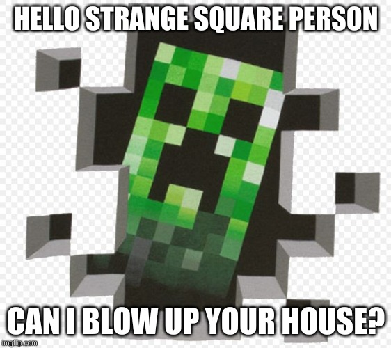Minecraft Creeper | HELLO STRANGE SQUARE PERSON; CAN I BLOW UP YOUR HOUSE? | image tagged in minecraft creeper | made w/ Imgflip meme maker