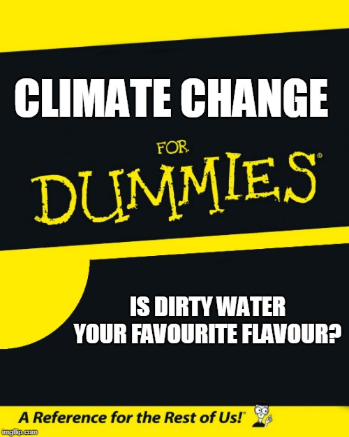 For Dummies | CLIMATE CHANGE; IS DIRTY WATER YOUR FAVOURITE FLAVOUR? | image tagged in for dummies | made w/ Imgflip meme maker