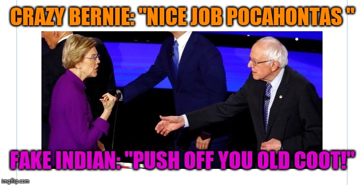Trouble in lunatic paradise? | CRAZY BERNIE: "NICE JOB POCAHONTAS "; FAKE INDIAN: "PUSH OFF YOU OLD COOT!" | image tagged in crazy bernie  pocohontas,nuts | made w/ Imgflip meme maker