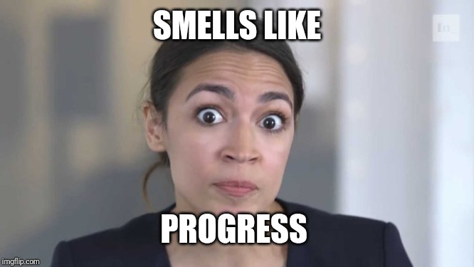 Crazy Alexandria Ocasio-Cortez | SMELLS LIKE PROGRESS | image tagged in crazy alexandria ocasio-cortez | made w/ Imgflip meme maker