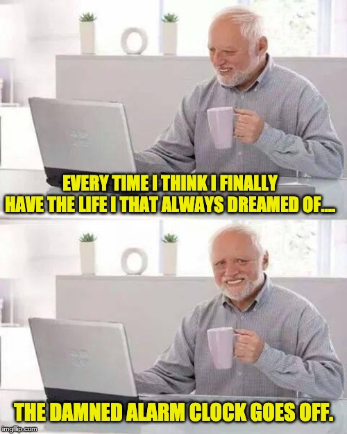 Hide the Pain Harold Meme | EVERY TIME I THINK I FINALLY HAVE THE LIFE I THAT ALWAYS DREAMED OF…. THE DAMNED ALARM CLOCK GOES OFF. | image tagged in memes,hide the pain harold | made w/ Imgflip meme maker