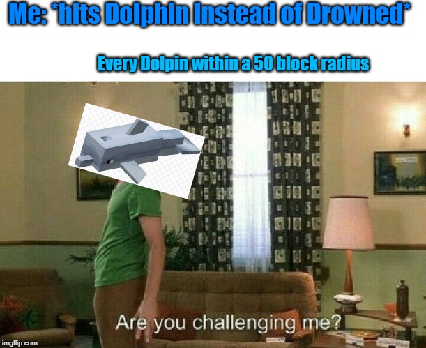 Are you challenging me? | Me: *hits Dolphin instead of Drowned*; Every Dolpin within a 50 block radius | image tagged in are you challenging me | made w/ Imgflip meme maker