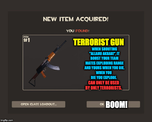 Feel the terror? | TERRORIST GUN; WHEN SHOUTING "ALLAHU AKBAR!", IT BOOST YOUR TEAM MATES EXPLODING RANGE AND YOURS WHEN YOU DIE. WHEN YOU DIE YOU EXPLODE. CAN ONLY BE USED BY ONLY TERRORISTS. BOOM! | image tagged in you got tf2 shit | made w/ Imgflip meme maker
