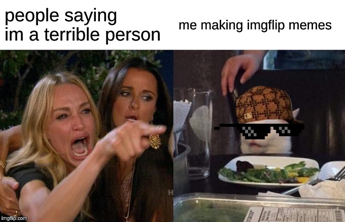 people saying im a terrible person me making imgflip memes | image tagged in memes,woman yelling at cat | made w/ Imgflip meme maker