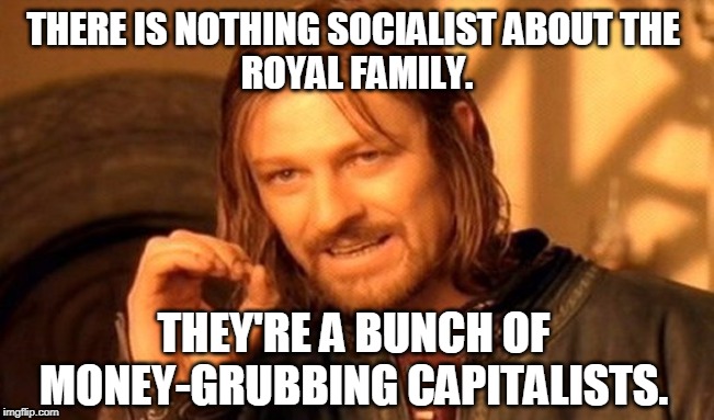 One Does Not Simply Meme | THERE IS NOTHING SOCIALIST ABOUT THE 
ROYAL FAMILY. THEY'RE A BUNCH OF MONEY-GRUBBING CAPITALISTS. | image tagged in memes,one does not simply | made w/ Imgflip meme maker