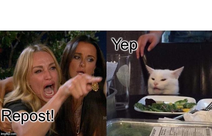 Woman Yelling At Cat Meme | Repost! Yep | image tagged in memes,woman yelling at cat | made w/ Imgflip meme maker